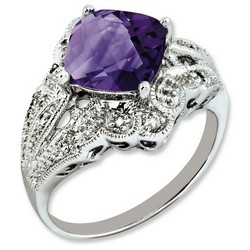 Amethyst & Diamond Cushion Cut Ring 925 Silver 10x10mm 3.9gr 3ct