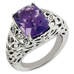 Amethyst & Diamond Cushion Cut Ring 925 Silver 12x10mm 6.25gr 6ct