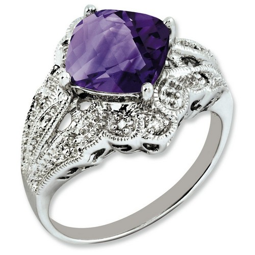 Amethyst & Diamond Cushion Cut Ring 925 Silver 10x10mm 3.9gr 3ct