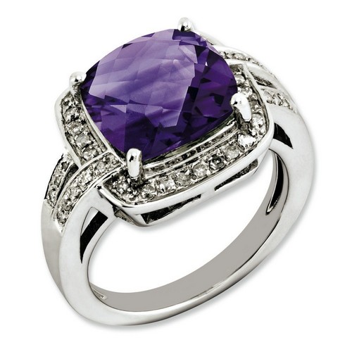 Amethyst & Diamond Bold Ring 925 Sterling Silver 15x15mm 5.8gr 5ct