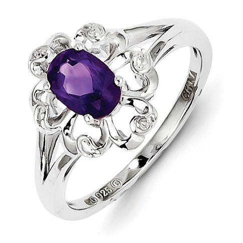 Amethyst & Diamond Blossom Ring 925 Sterling Silver 12x10mm 2.46gr 0.76ct